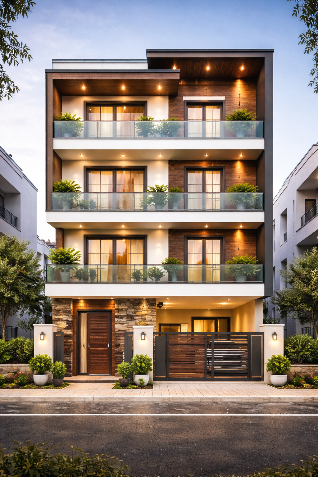 Newly constructed builder floor exterior with balconies