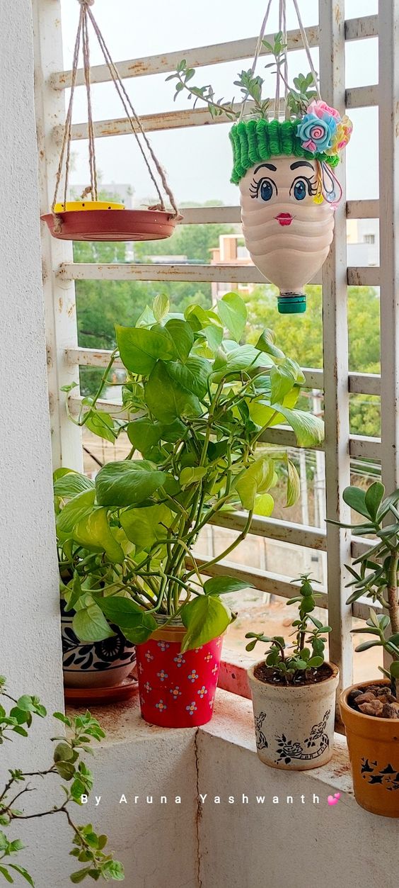 plastic bottles used to grow flowers and plants in balconies are a beautiful