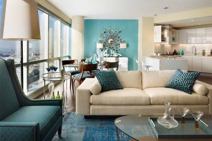 Spacious Living Room in Cream and Aqua - Hall Wall Colour Combination