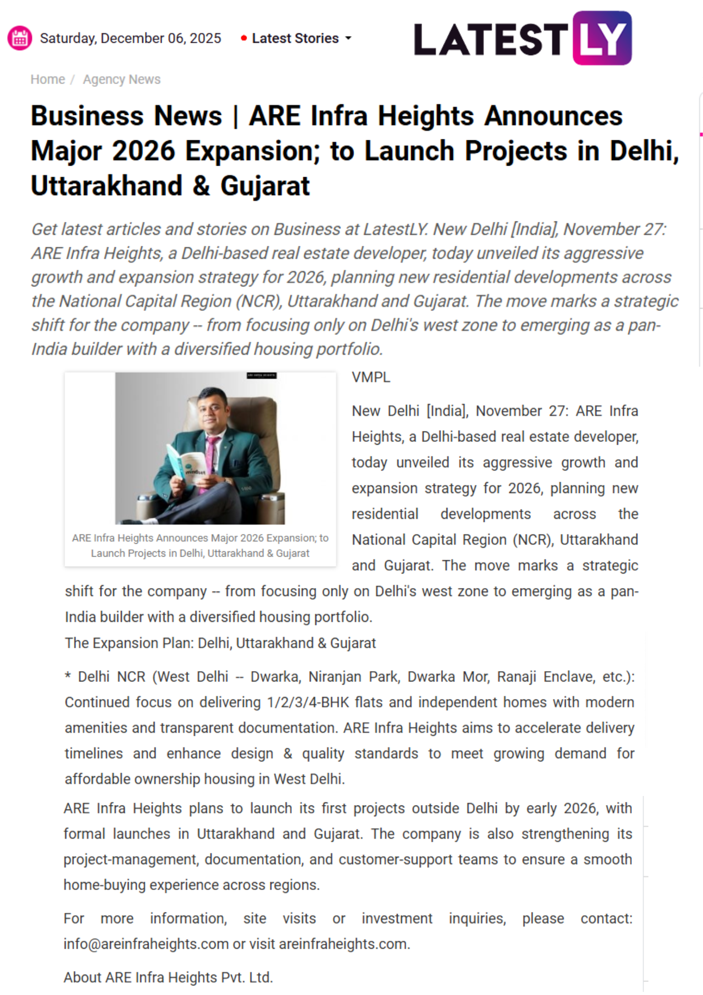 ARE Infra Heights Featured in Leading News Media for Excellence in West Delhi Real Estate