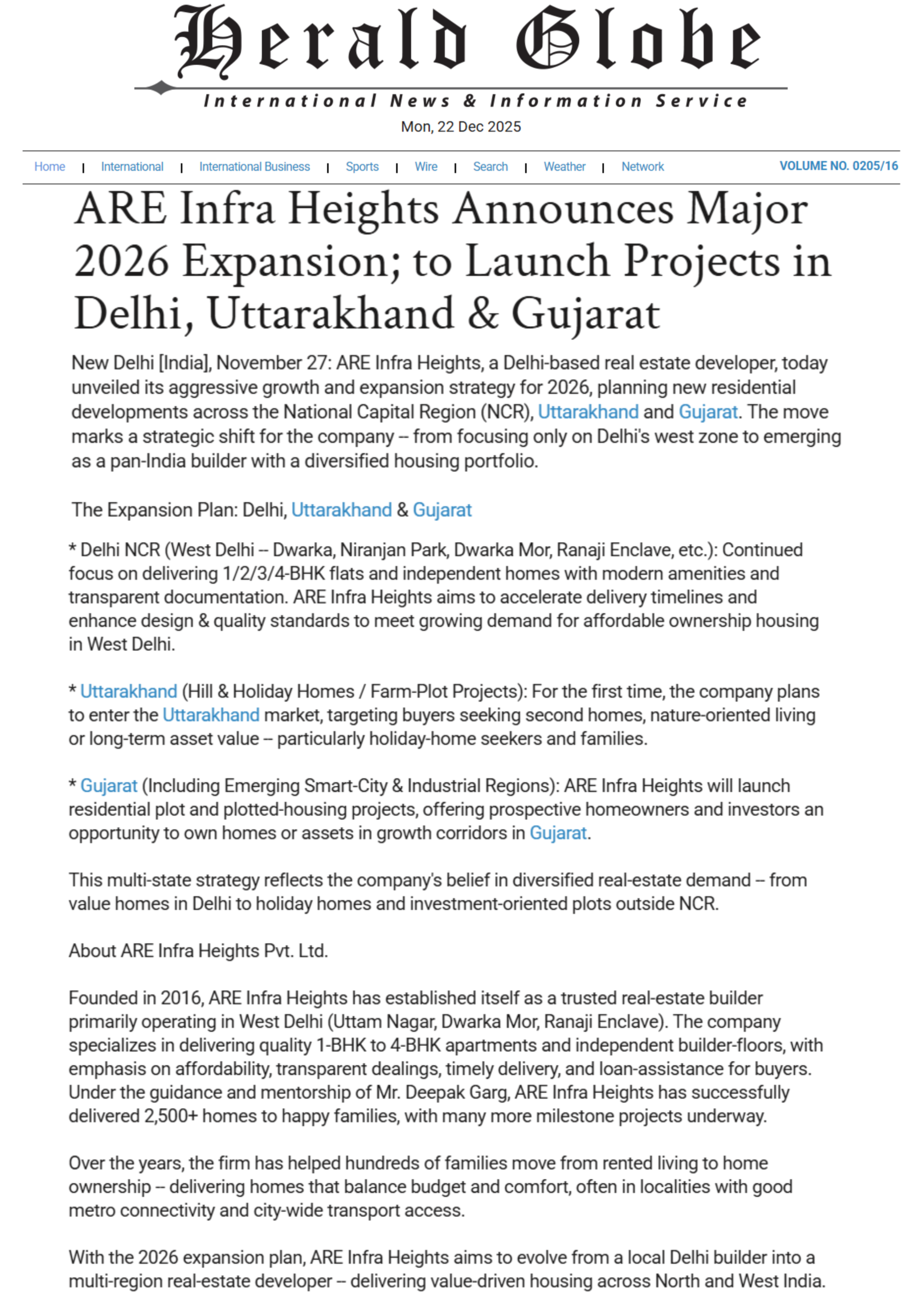 ARE Infra Heights Featured in Leading News Media for Excellence in West Delhi Real Estate