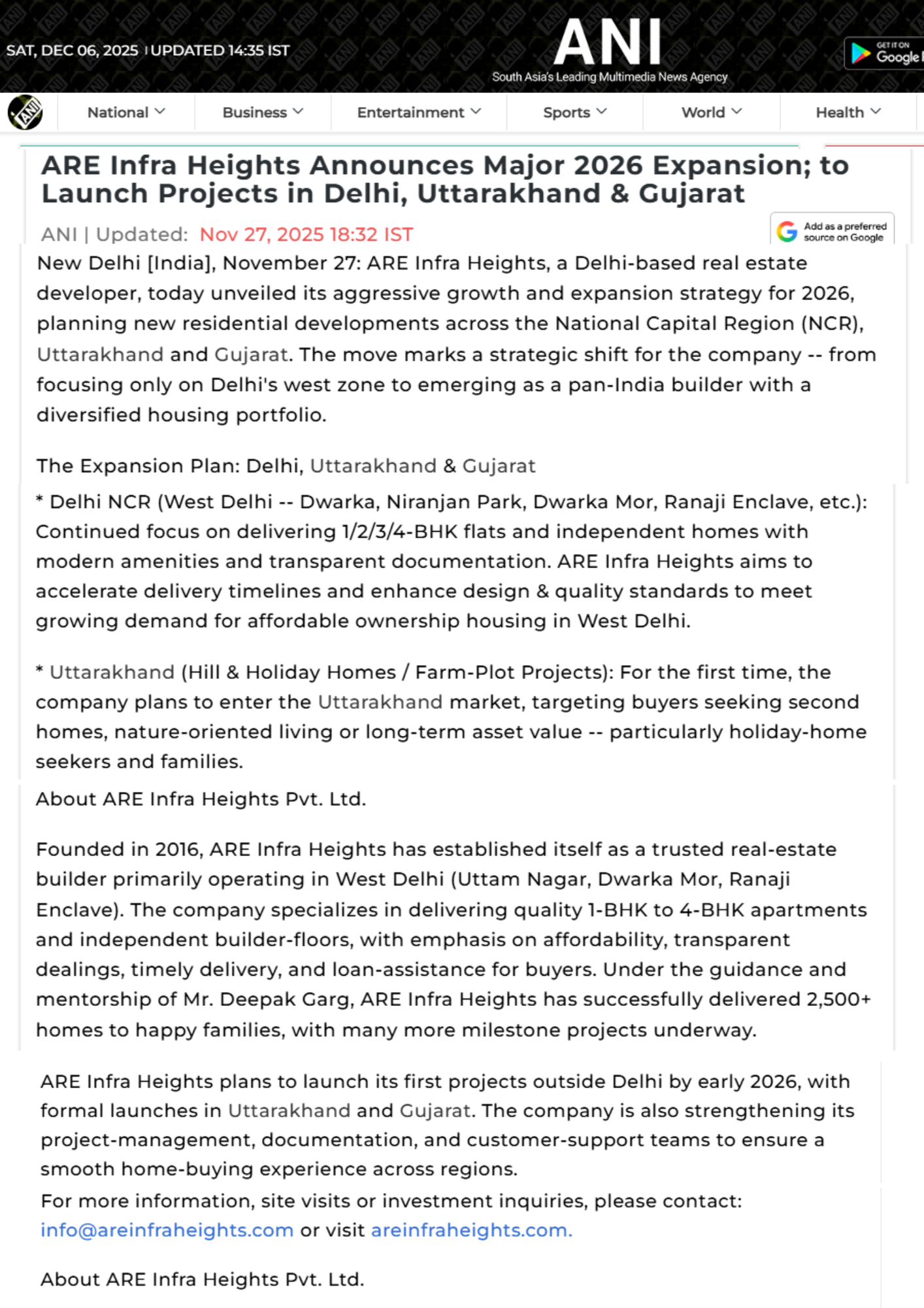 ARE Infra Heights Featured in Leading News Media for Excellence in West Delhi Real Estate