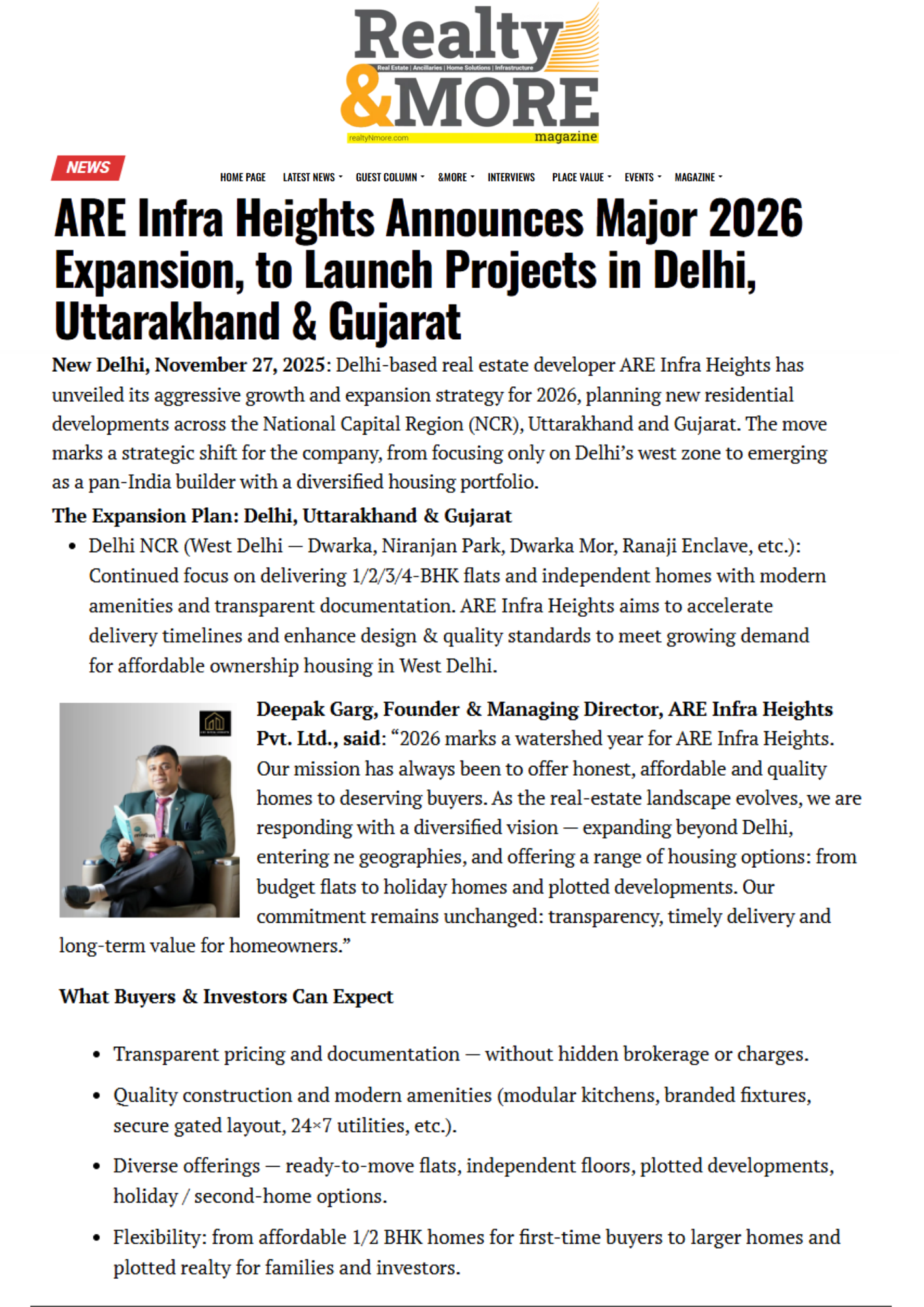 ARE Infra Heights Featured in Leading News Media for Excellence in West Delhi Real Estate